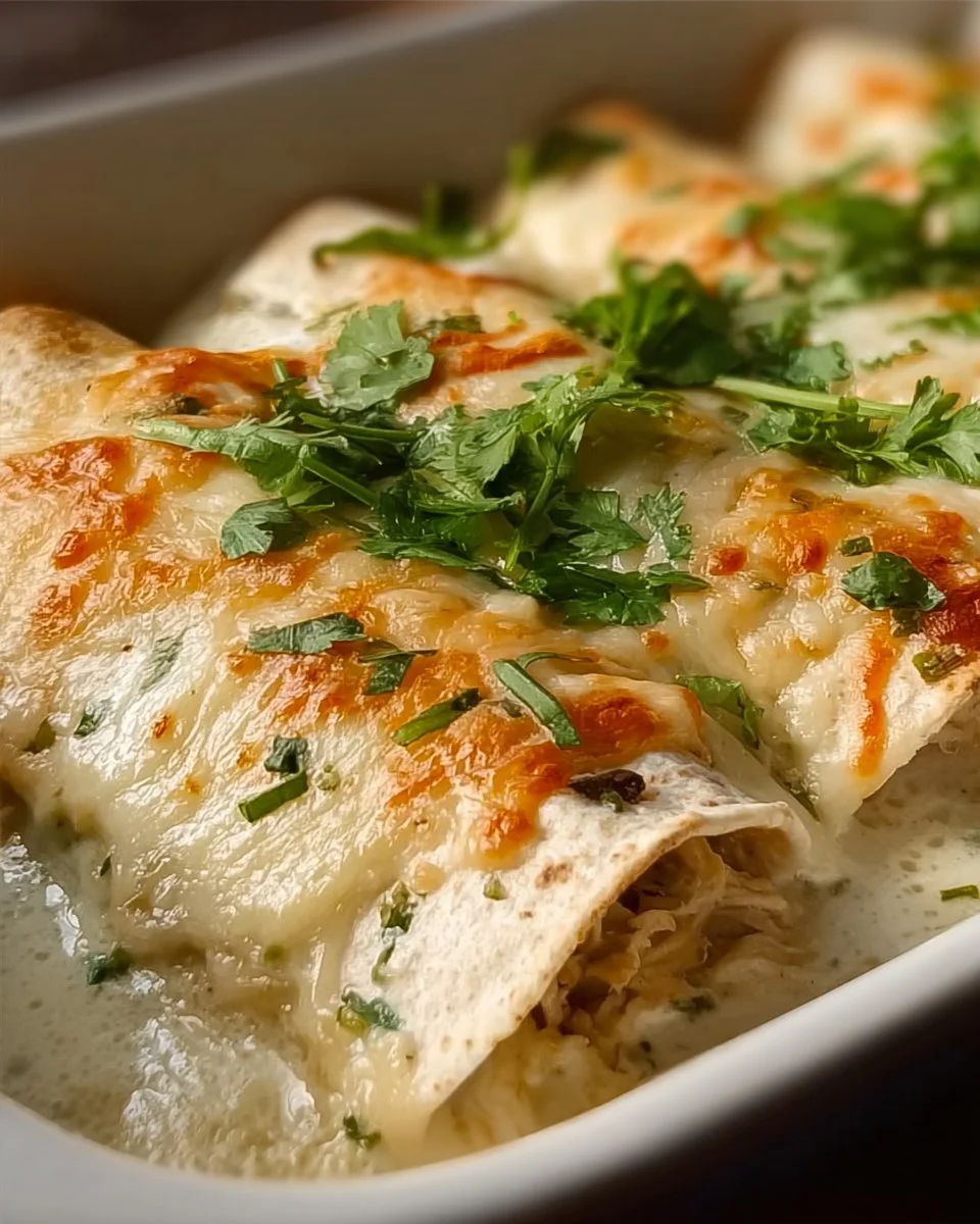 Creamy White Queso Chicken Enchiladas 1 Creamy white queso chicken enchiladas topped with melted cheese and garnished