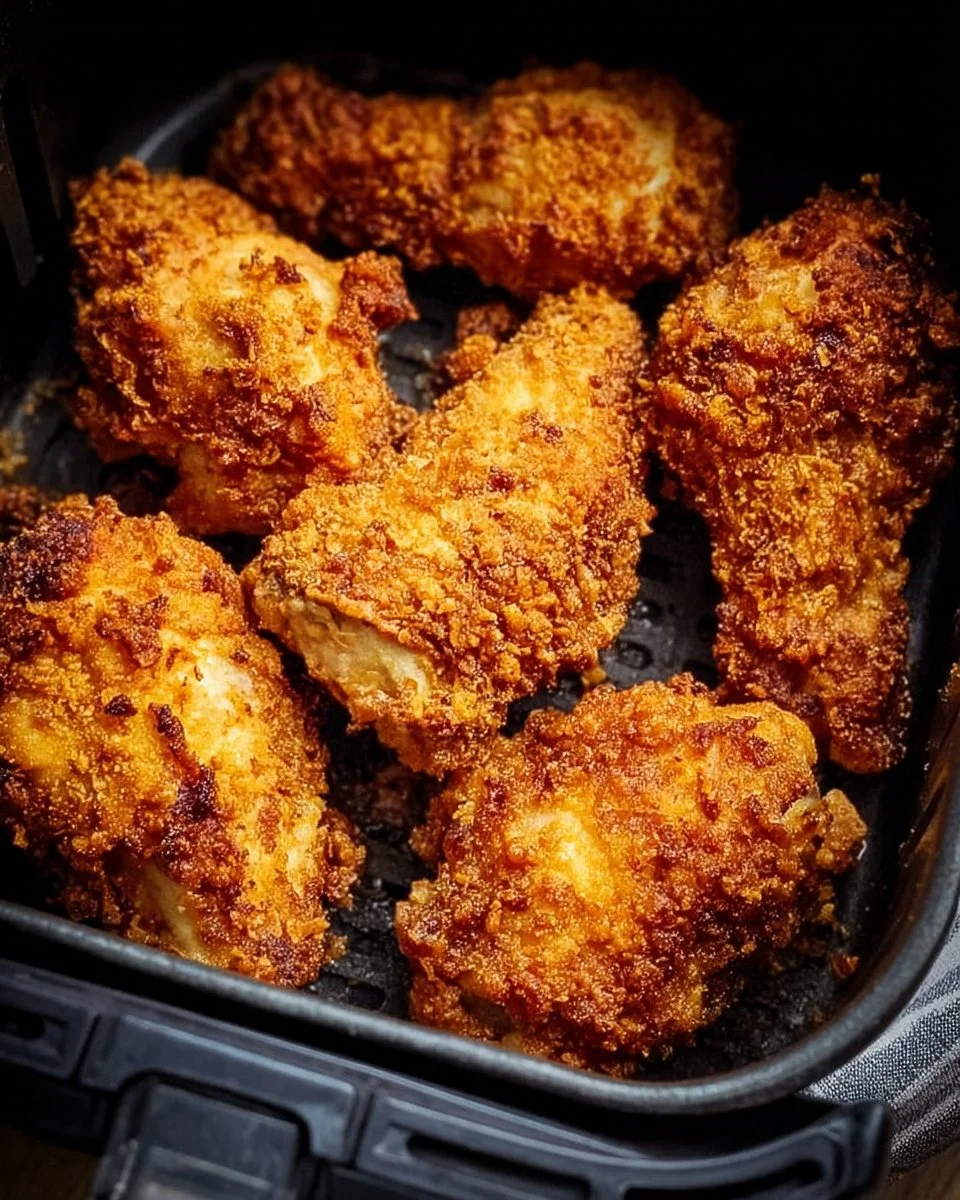 Crispy air fryer chicken served on a plate garnished with herbs