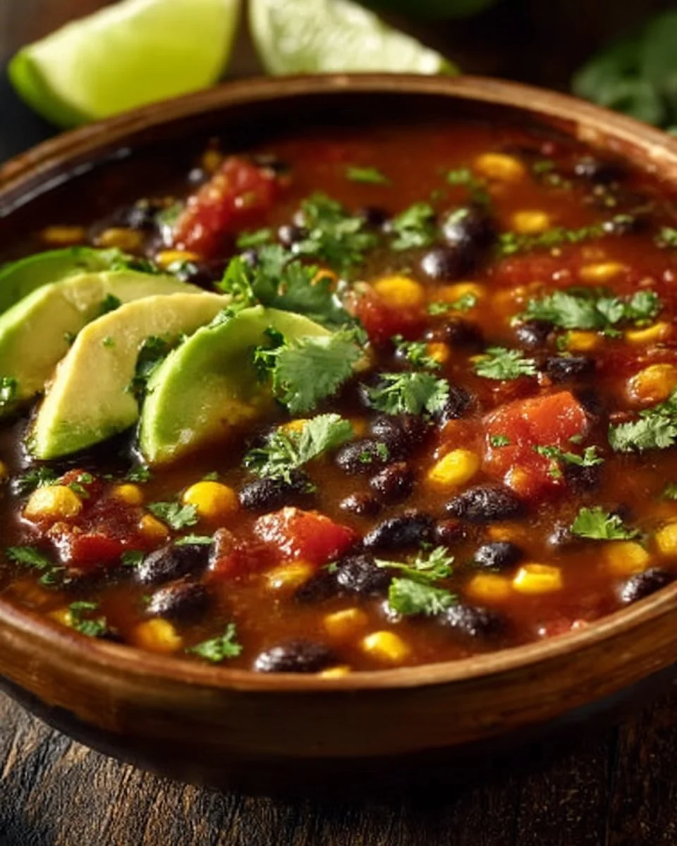 Delicious bowl of Daniel Fast black bean soup garnished with cilantro