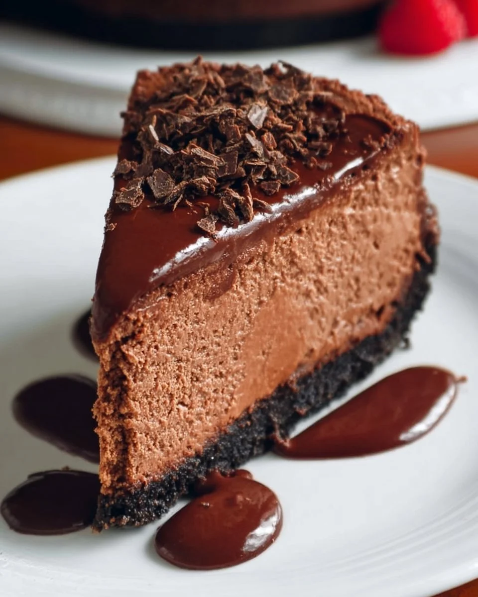 Delicious Double Chocolate Cheesecake topped with rich chocolate drizzle.