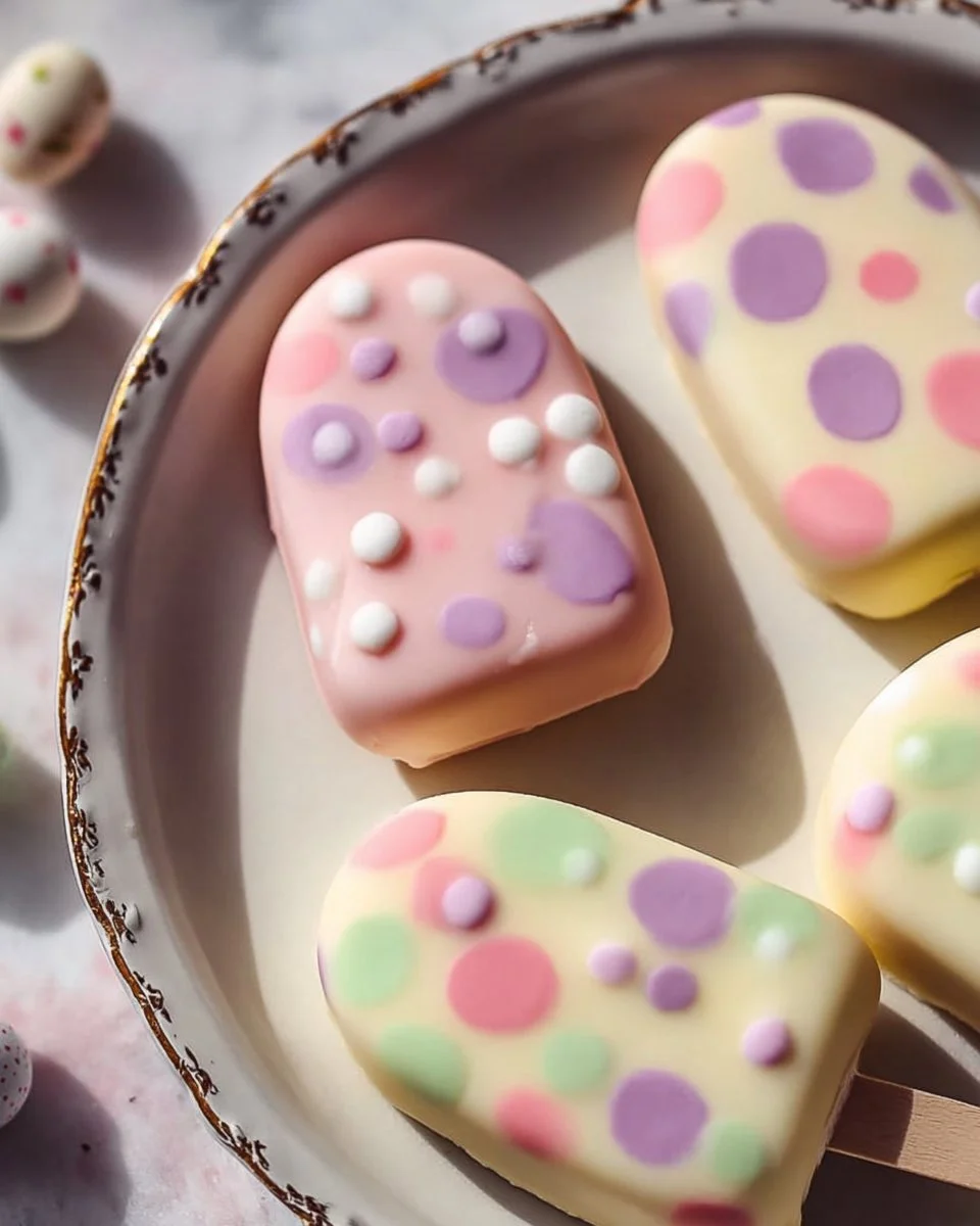 Colorful Easter Cakesicles decorated with spring-themed designs and sprinkles.