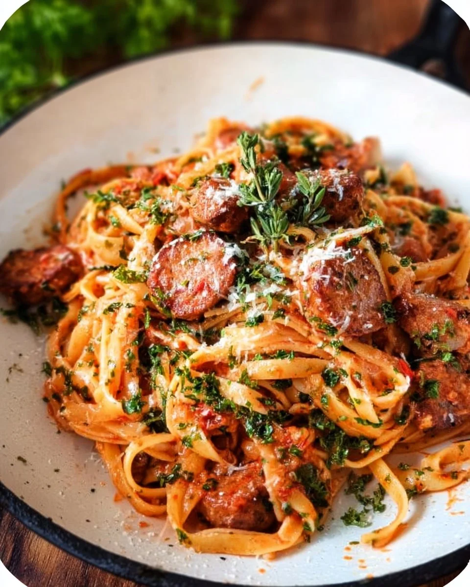 Delicious Easy Italian Sausage Pasta served on a plate with fresh herbs