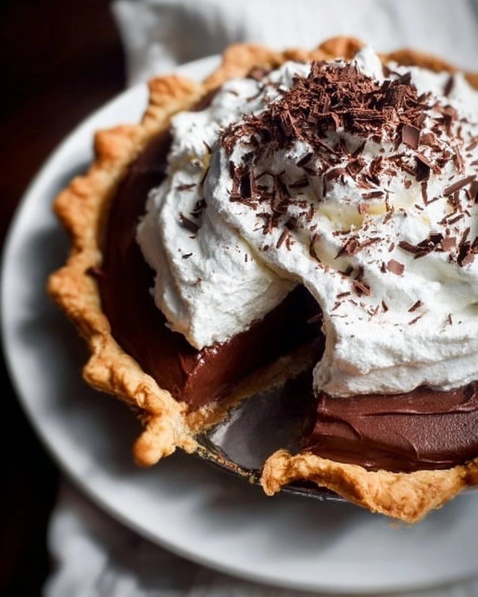 Delicious homemade French Silk Pie topped with whipped cream and chocolate shavings