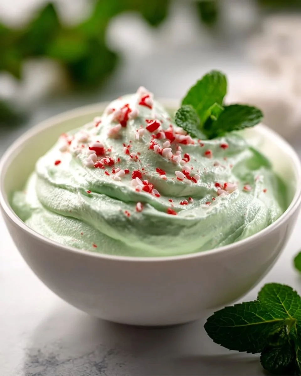 Delicious frozen peppermint yogurt dip served in a bowl with mint leaves