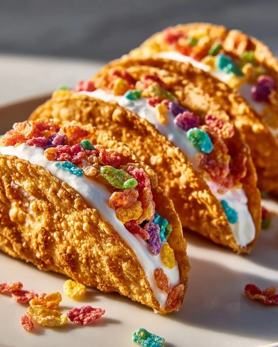 Fruity Pebbles Cheesecake Tacos 1 Fruity Pebbles Cheesecake Tacos topped with colorful cereal