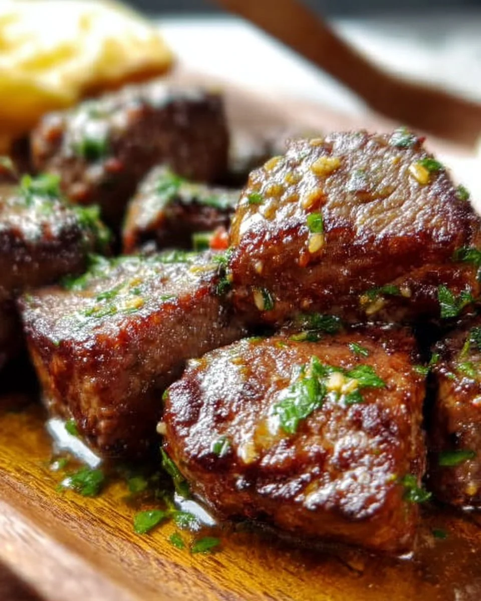 Delicious garlic butter steak bites served in a skillet.