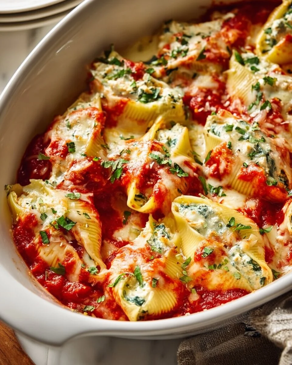 Garlic Chicken Stuffed Shells 1 Garlic Chicken Stuffed Shells with a cheesy topping and fresh herbs