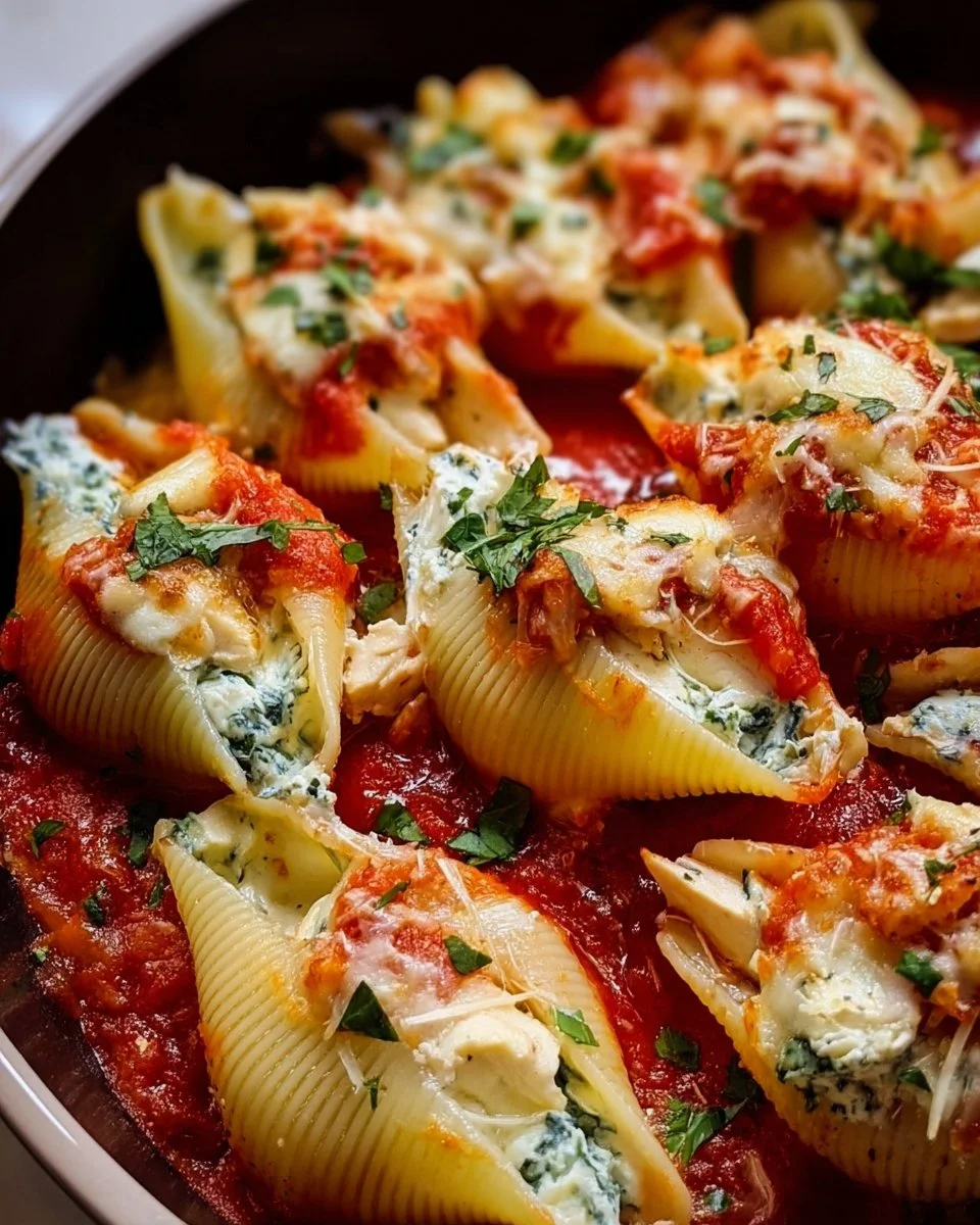Garlic Chicken Stuffed Shells served with herbs and cheese