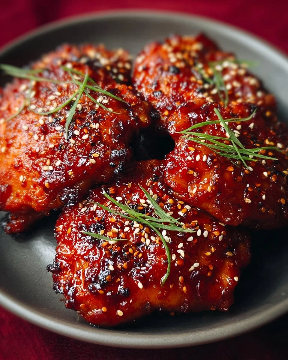 Delicious Gochujang Korean chicken thighs garnished with green onions
