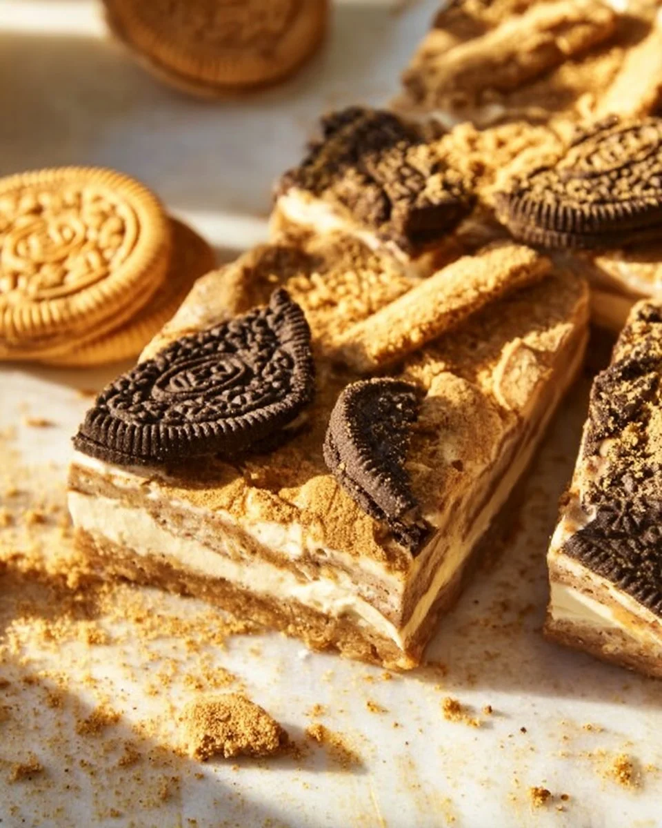 Golden Oreo Blondies 1 Golden Oreo Blondies topped with creamy golden Oreos on a baking tray.