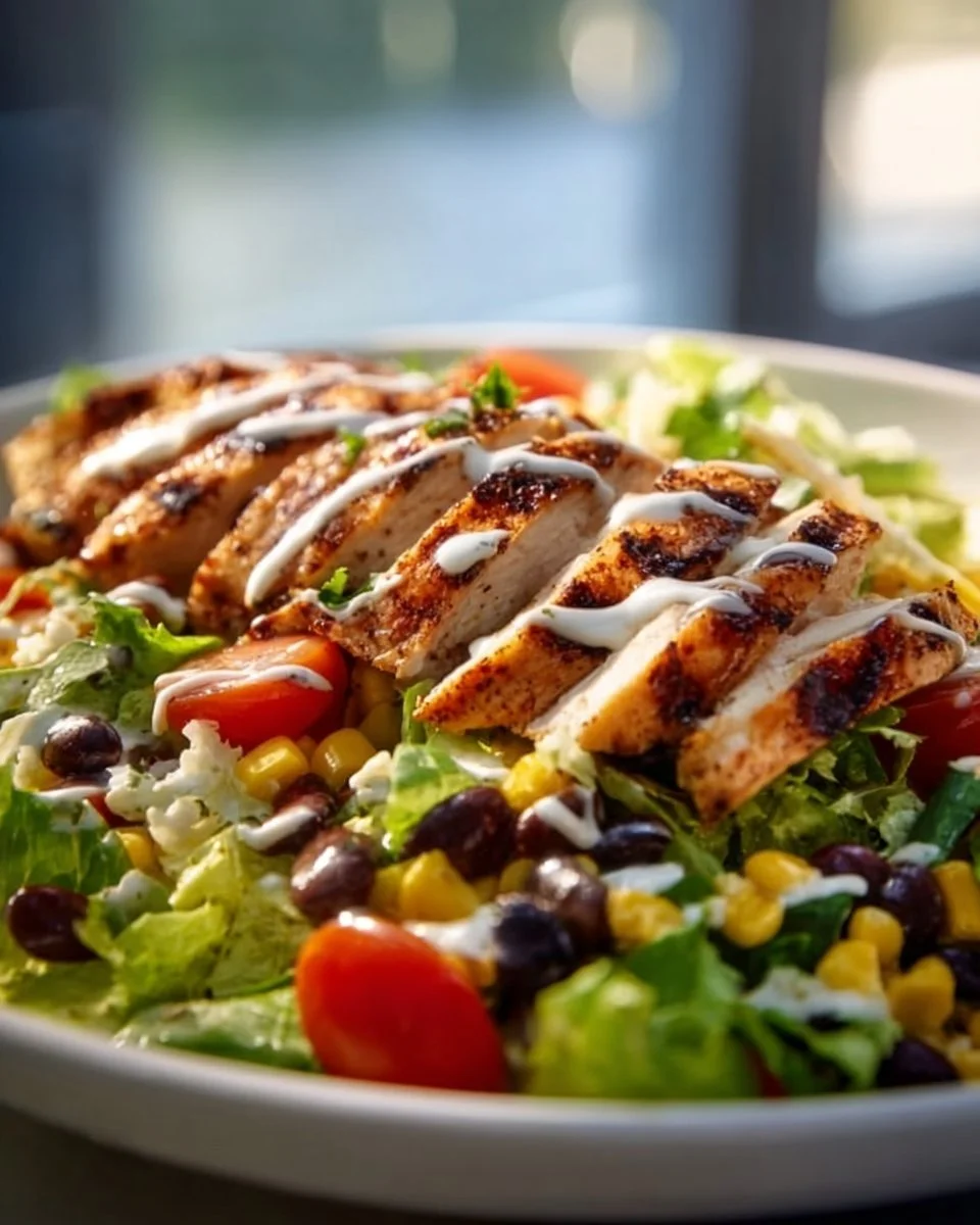 Grilled chicken salad with fresh vegetables and chipotle ranch dressing