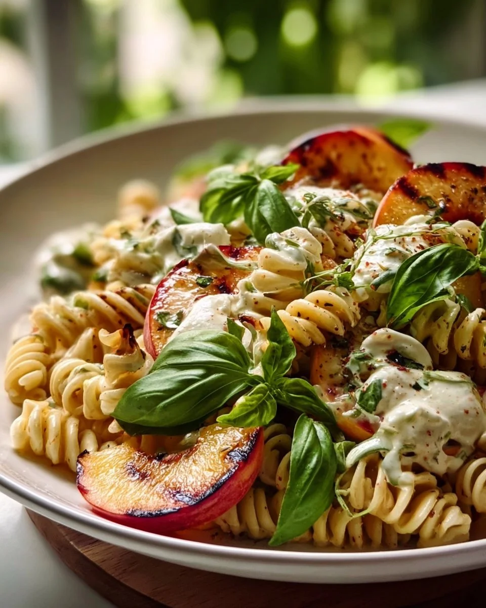 Grilled Peach and Burrata Pasta Salad 1 Grilled Peach and Burrata Pasta Salad with fresh ingredients