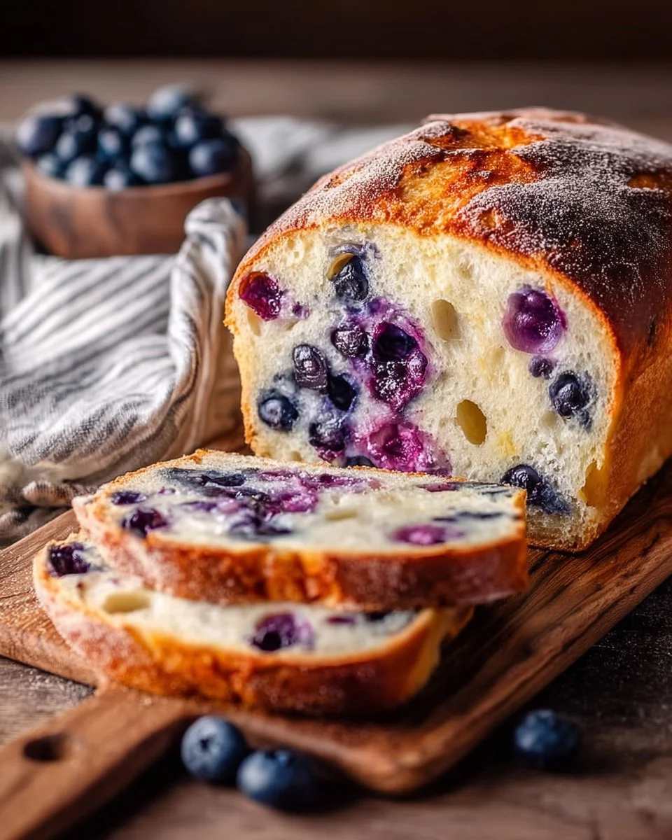 Loaf of homemade blueberry sourdough bread fresh from the oven