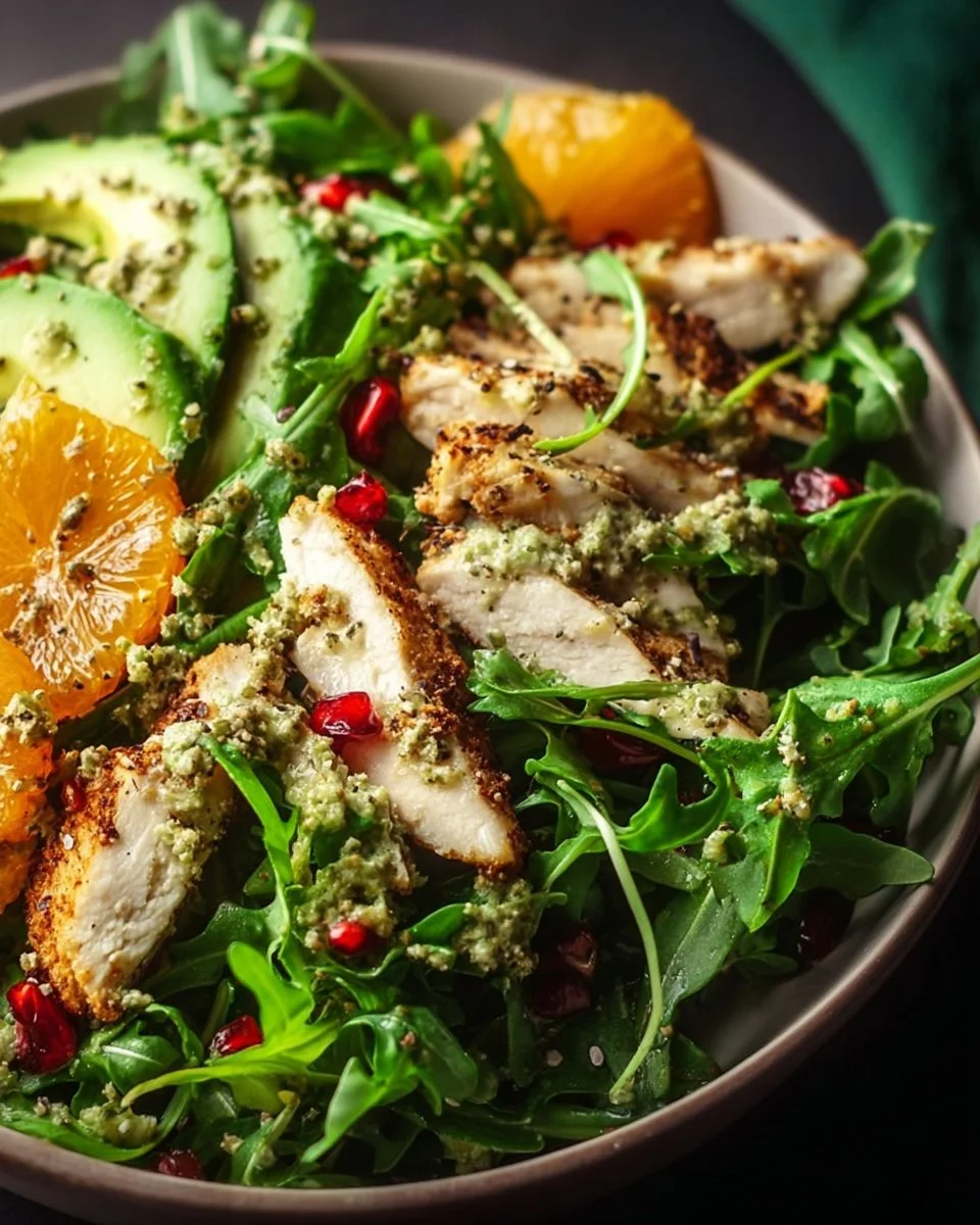 Homemade chicken arugula salad with grilled chicken and fresh greens.