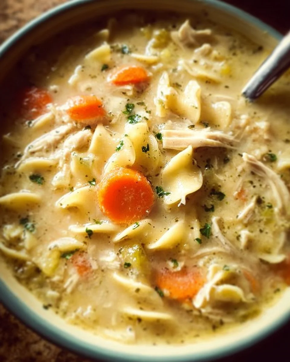 A bowl of homemade chicken noodle soup with vegetables and herbs.