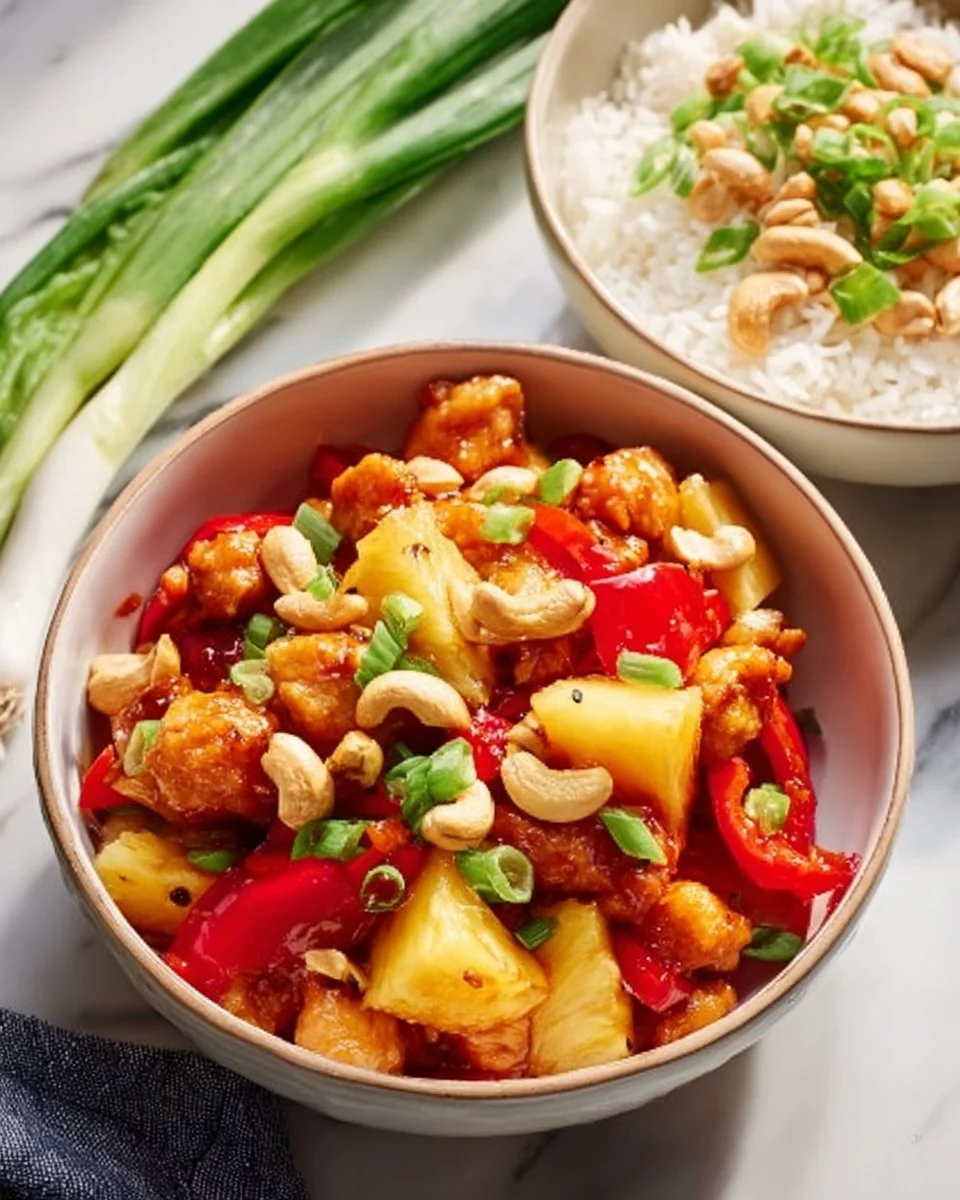 Homemade Chicken Pineapple with Cashews 1 Delicious homemade chicken pineapple with cashews served on a plate