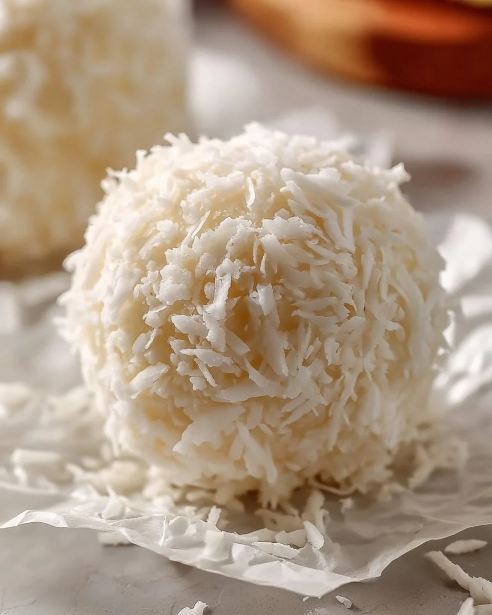 Homemade Coconut Cake Balls 1 Delicious homemade coconut cake balls on a wooden platter
