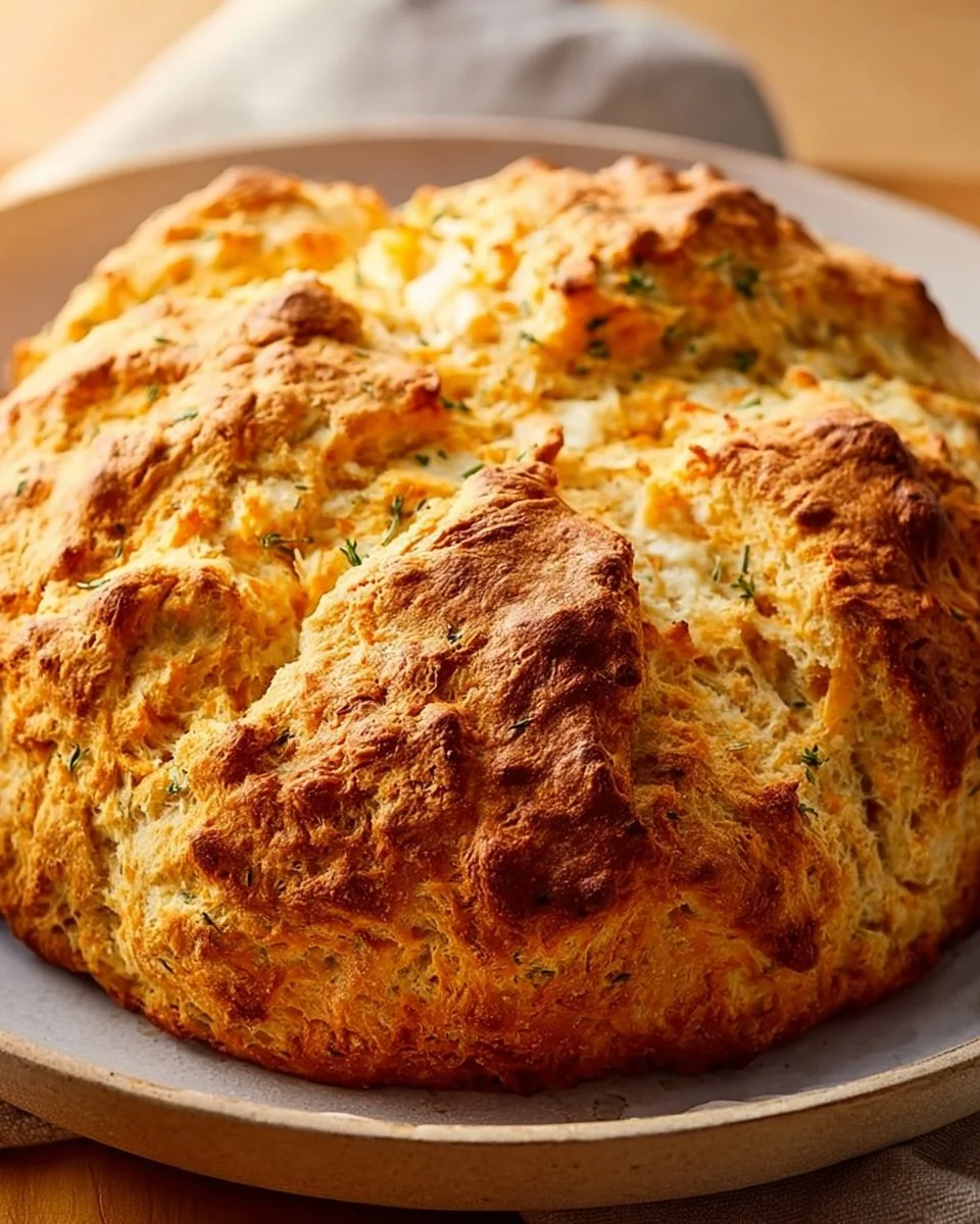 Homemade Herbed Cheddar Irish Soda Bread 1 Freshly baked herbed cheddar Irish soda bread on a wooden cutting board.