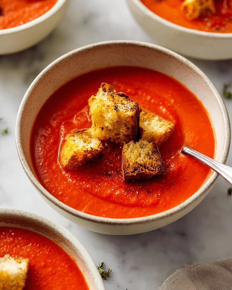 Bowl of homemade tomato soup garnished with fresh basil and served with crusty bread.