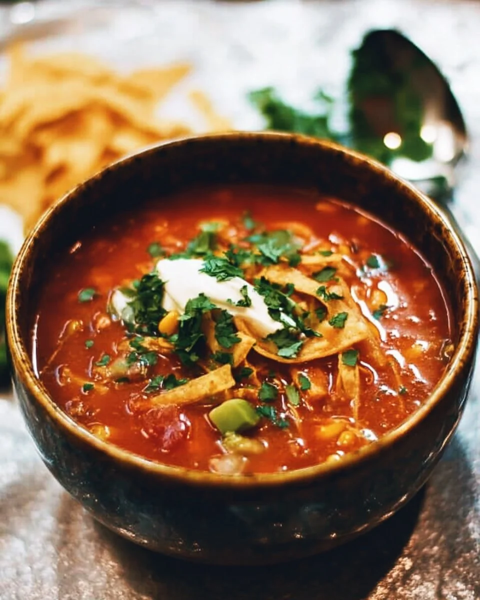 Homemade Tortilla Soup 1 Bowl of homemade tortilla soup garnished with tortilla strips and avocado.