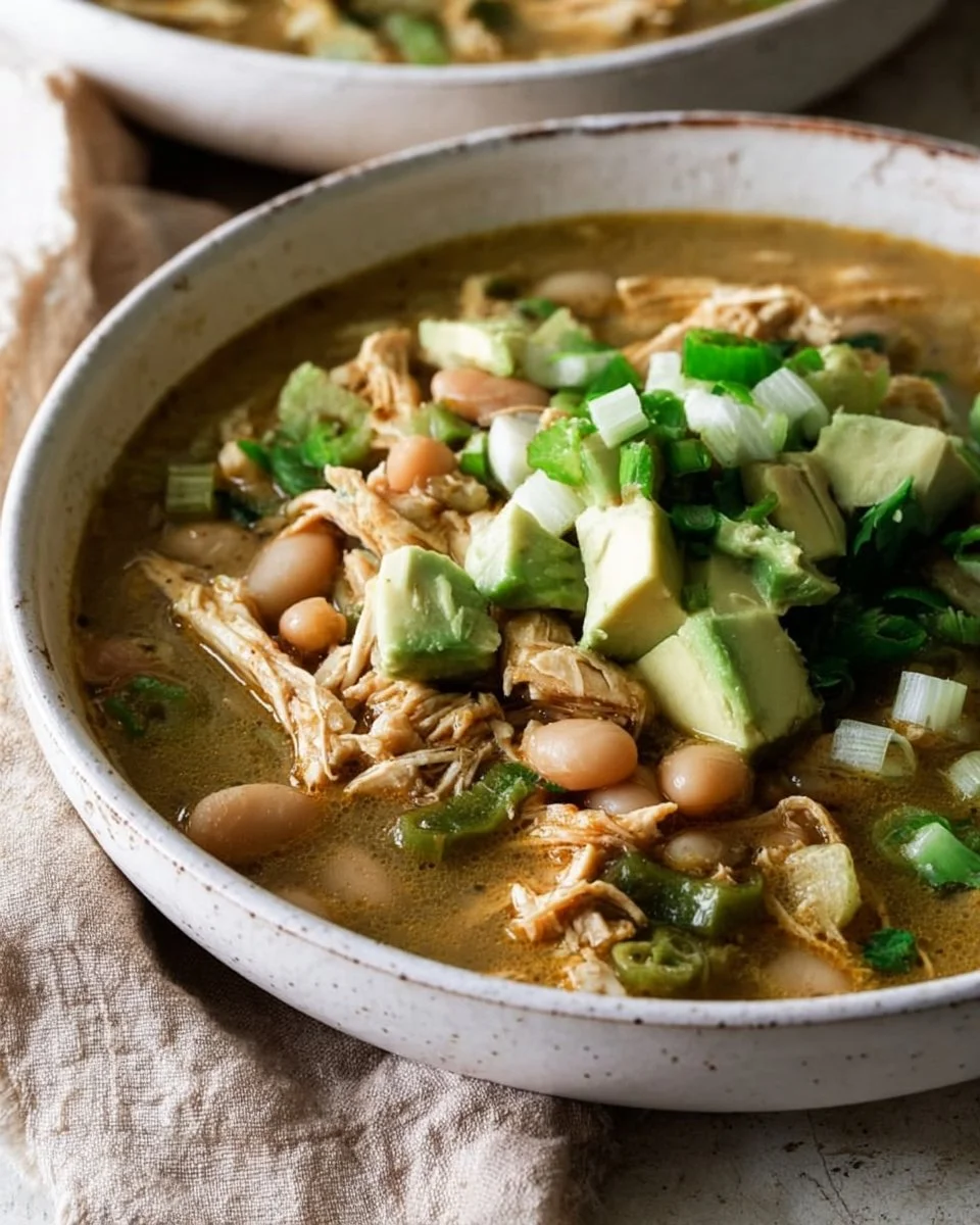 Bowl of homemade white chicken chili with toppings like cilantro and cheese