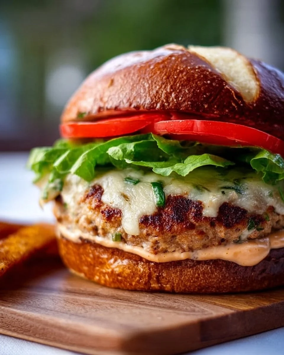 Spicy Jalapeño Pepper Jack turkey burgers served on a wooden platter