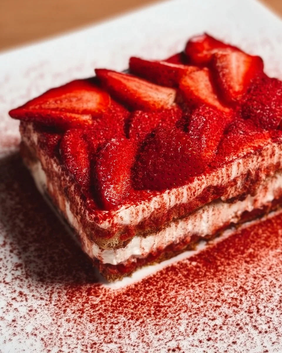 Layered Fresh Strawberry Tiramisu 1 Layered fresh strawberry tiramisu dessert with bright strawberries and cream
