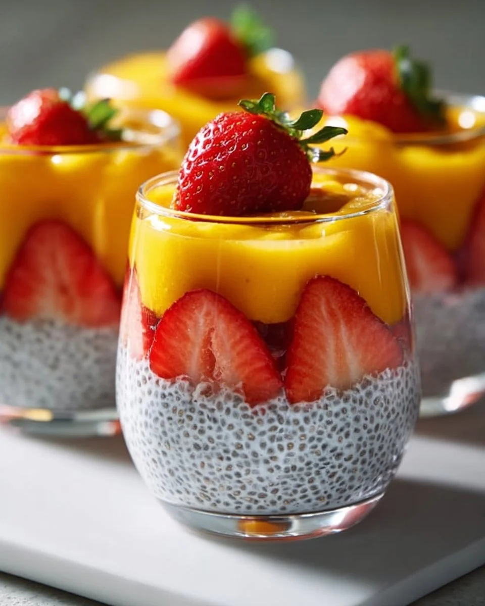 Mango Strawberry Chia Pudding Cups served in clear glass jars