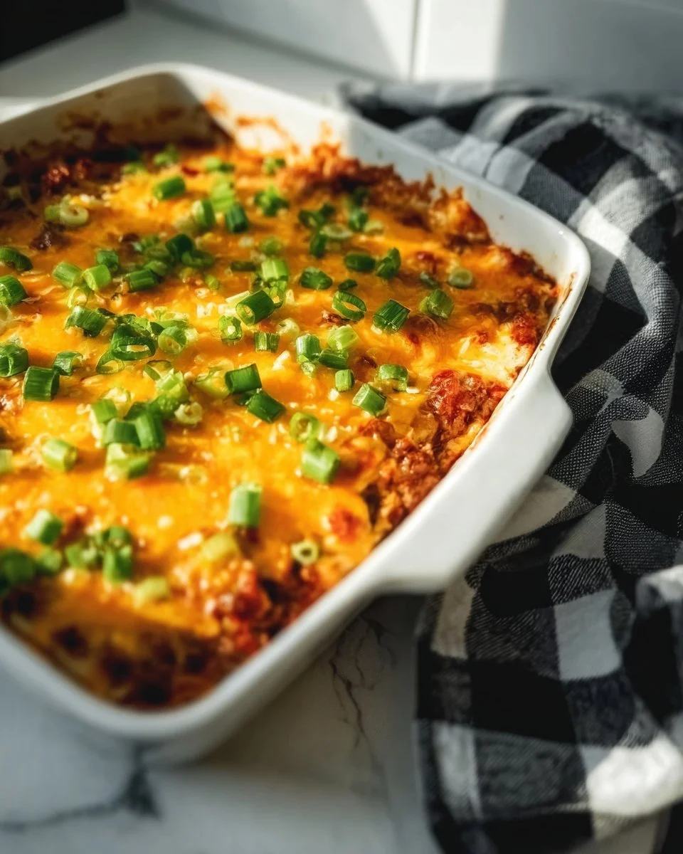 Delicious Mexican lasagna tortilla casserole topped with cheese and spices