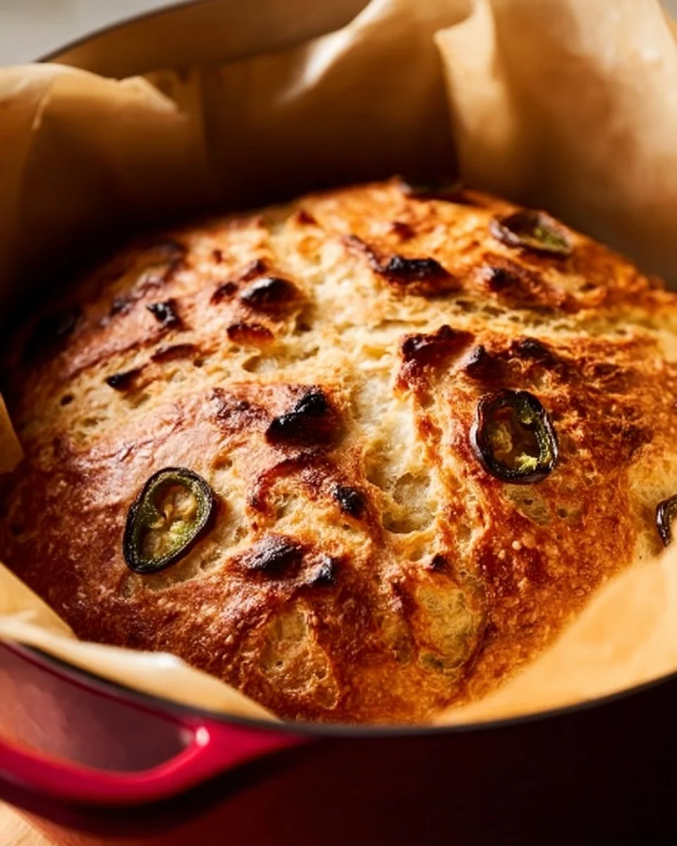 Freshly baked No-Knead Jalapeño Cheddar Bread with jalapeños and cheese