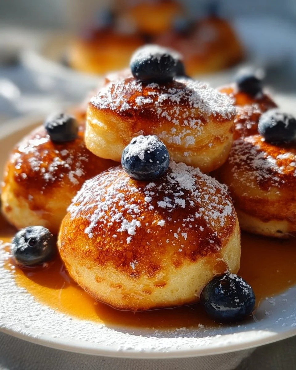 Pancake Poppers 1 A plate of delicious pancake poppers topped with syrup and fruits