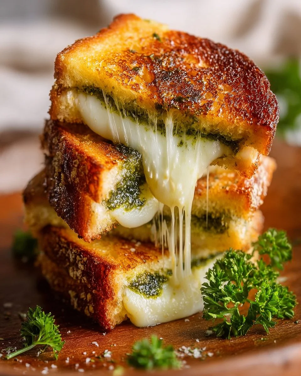 Pesto Irish Soda Bread Grilled Cheese sandwich with melted cheese and fresh pesto.