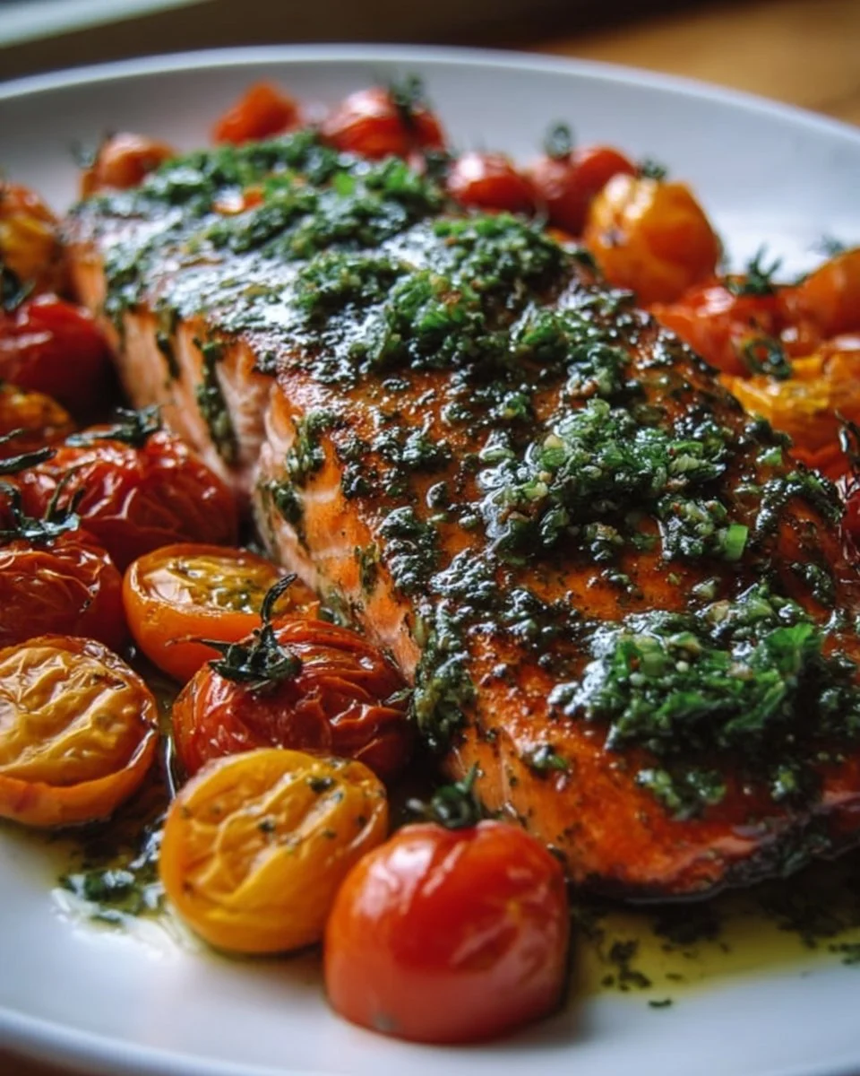 Pesto Salmon with Roasted Cherry Tomatoes on a plate, garnished and ready to serve