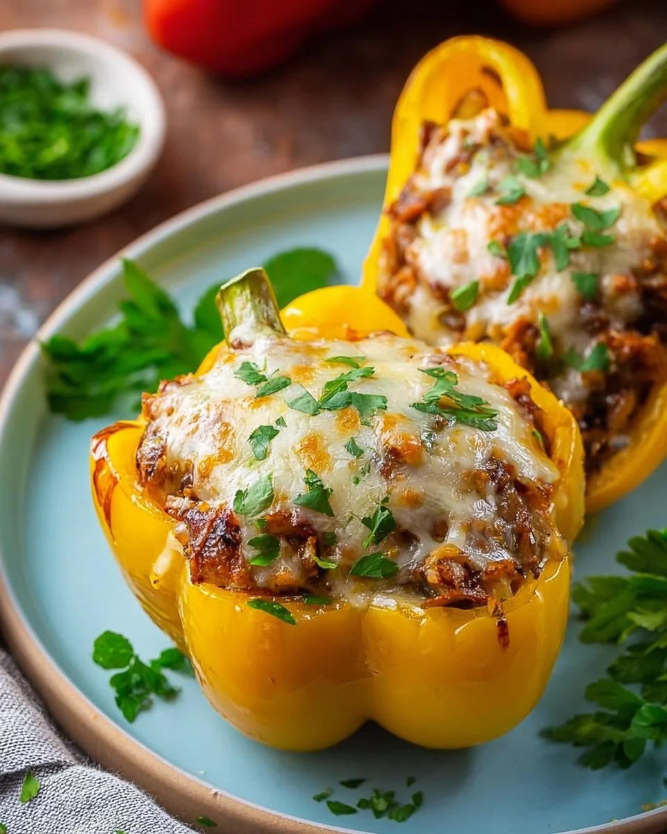 Delicious cheesesteak stuffed bell peppers filled with meat and cheese.