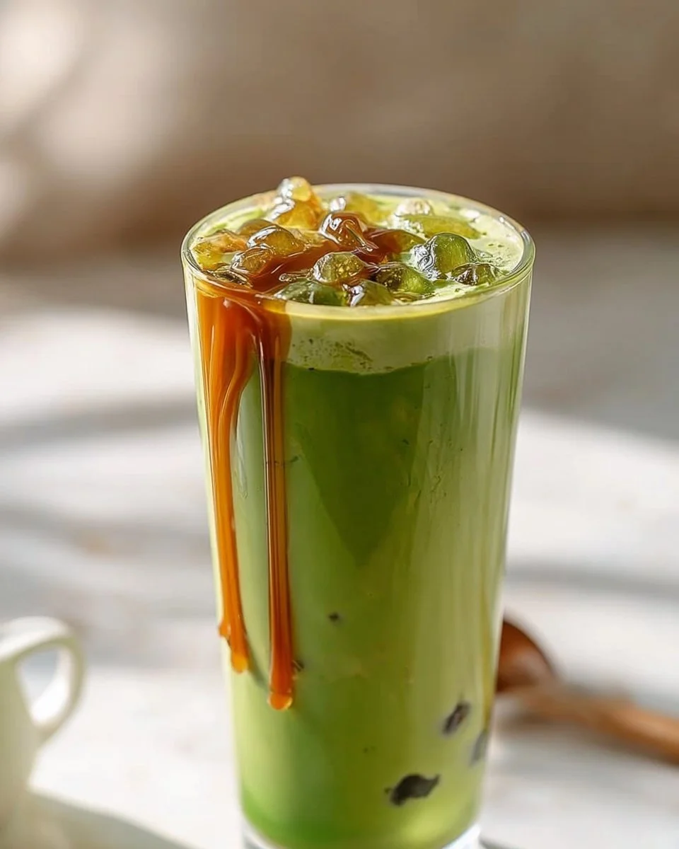 A refreshing boba matcha latte served in a glass with tapioca pearls and a straw.
