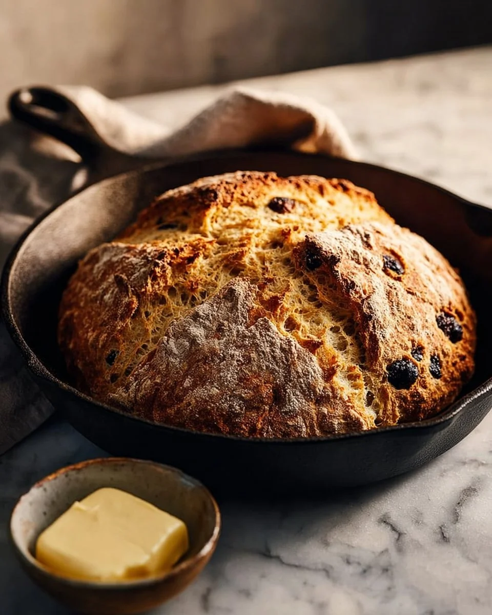 Freshly baked Irish soda bread in a cast iron skillet