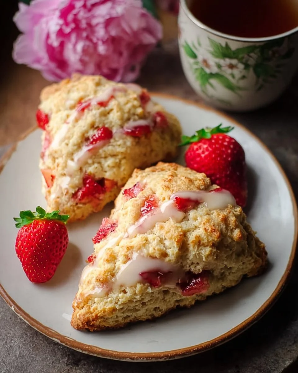 Freshly baked quick strawberry scones topped with berries