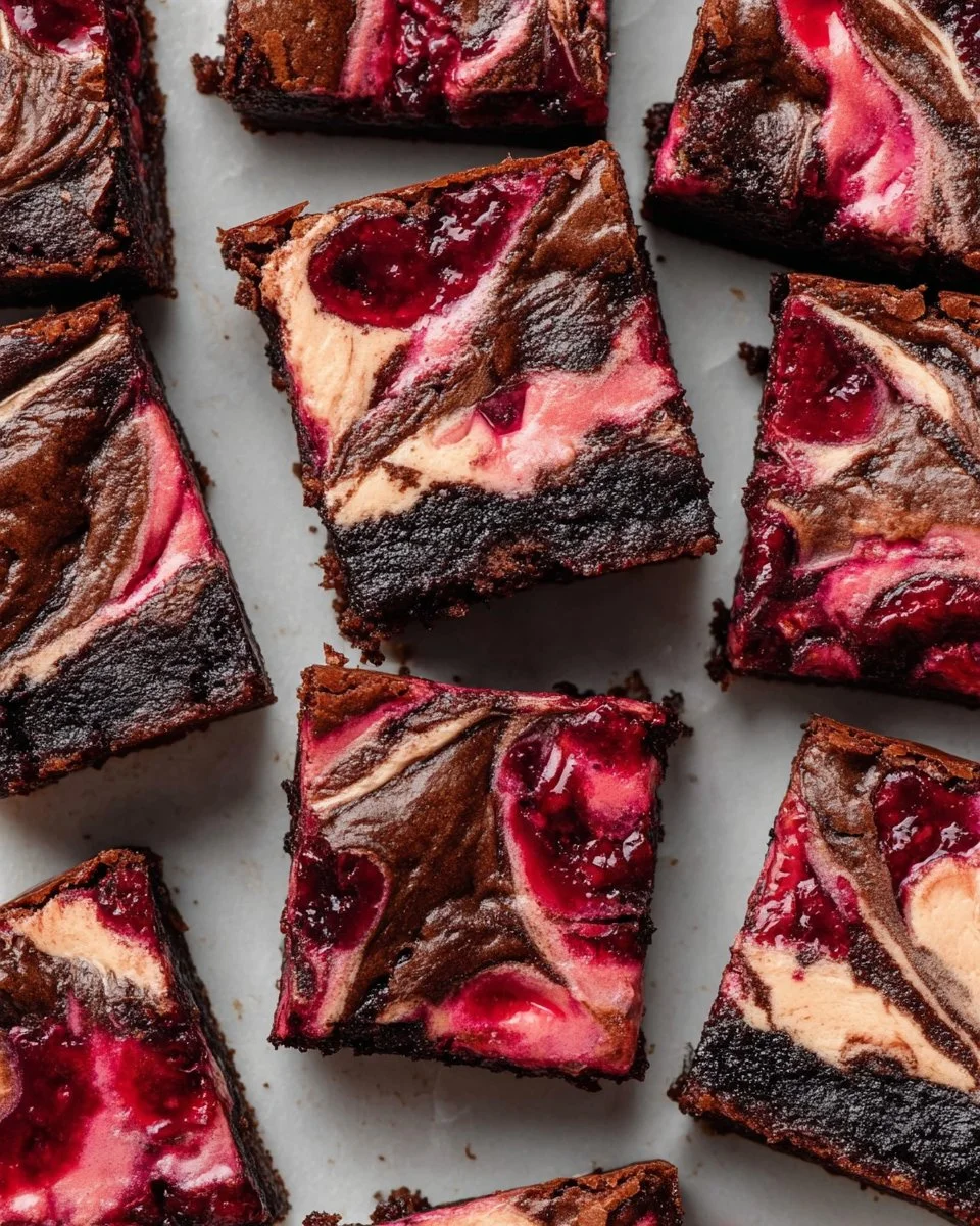 Delicious raspberry cheesecake brownies with creamy topping and fresh raspberries