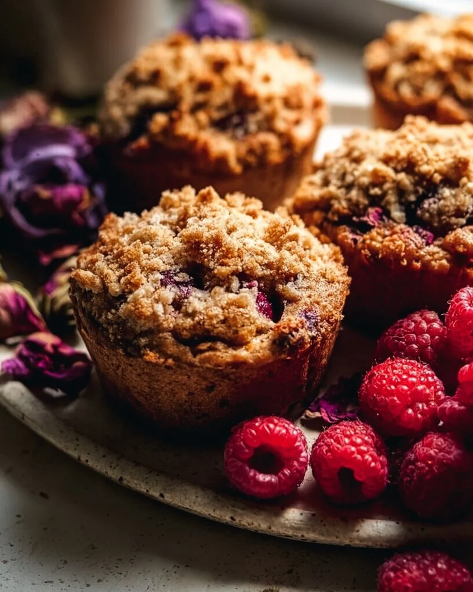 Freshly baked Raspberry Streusel Muffins with a crumbly topping