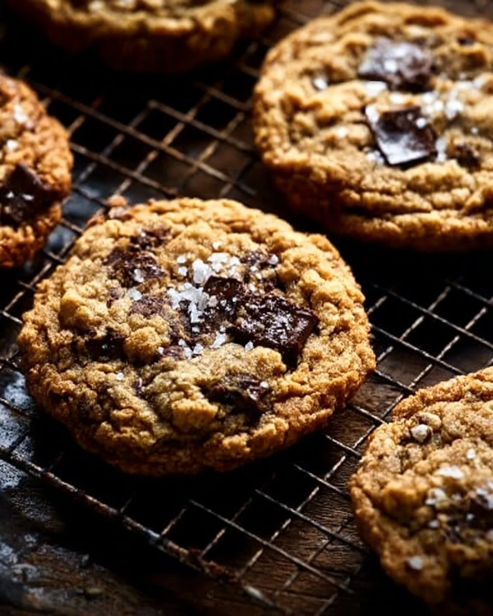 Freshly baked oatmeal chocolate chip cookies on a cooling rack