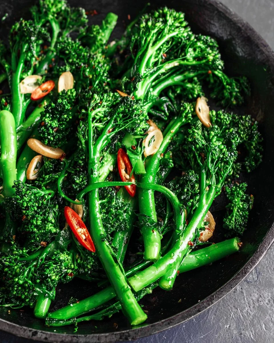 Sautéed broccolini with garlic and lemon served on a plate