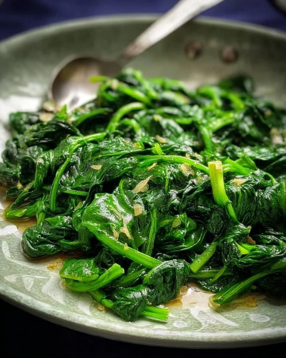 Sautéed Spinach 1 A plate of sautéed spinach garnished with garlic and lemon.