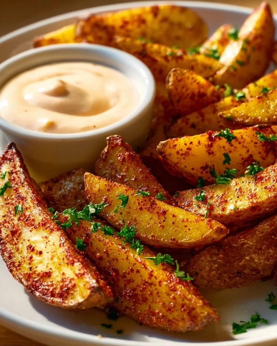 Seasoned Potato Wedges with Creamy Garlic Dip 1 Crispy seasoned potato wedges dipped in creamy garlic sauce
