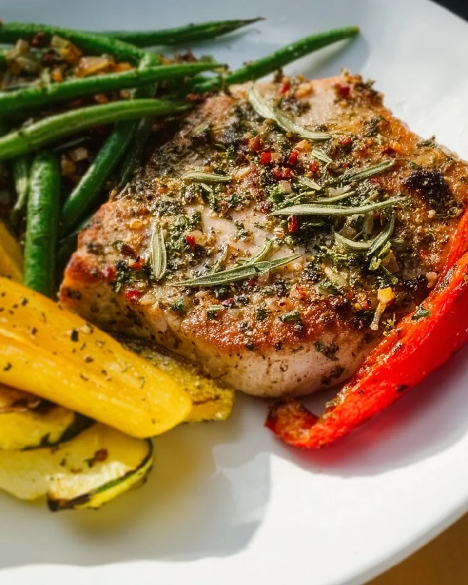 Sheet Pan Italian Pork Chops served with roasted vegetables on a platter