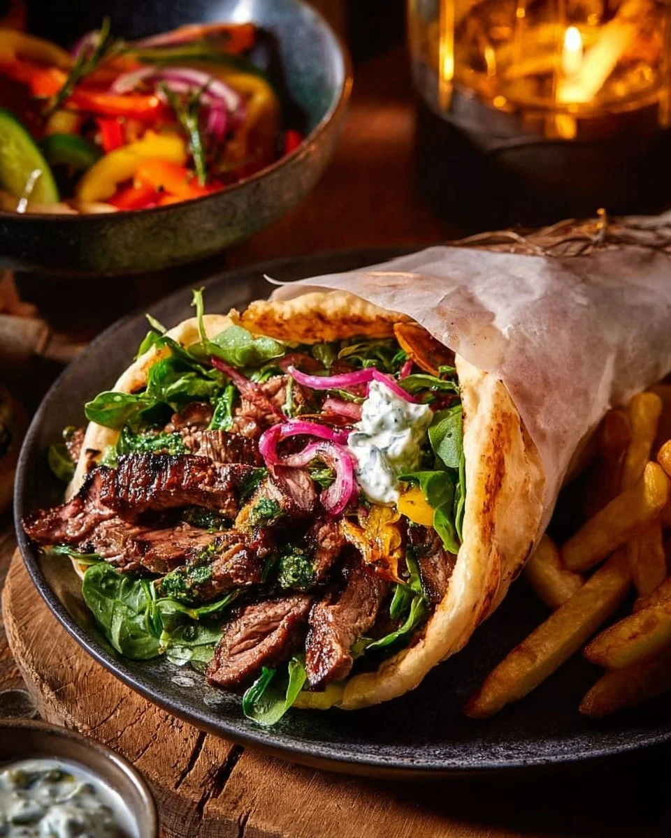 Sheet Pan Steak Gyros with Feta Tzatziki Sauce 1 Sheet Pan Steak Gyros with Feta Tzatziki Sauce on a serving platter