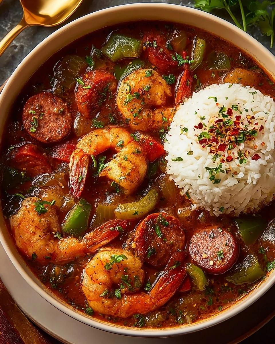 Shrimp Gumbo 1 A bowl of delicious shrimp gumbo with rice and spices.