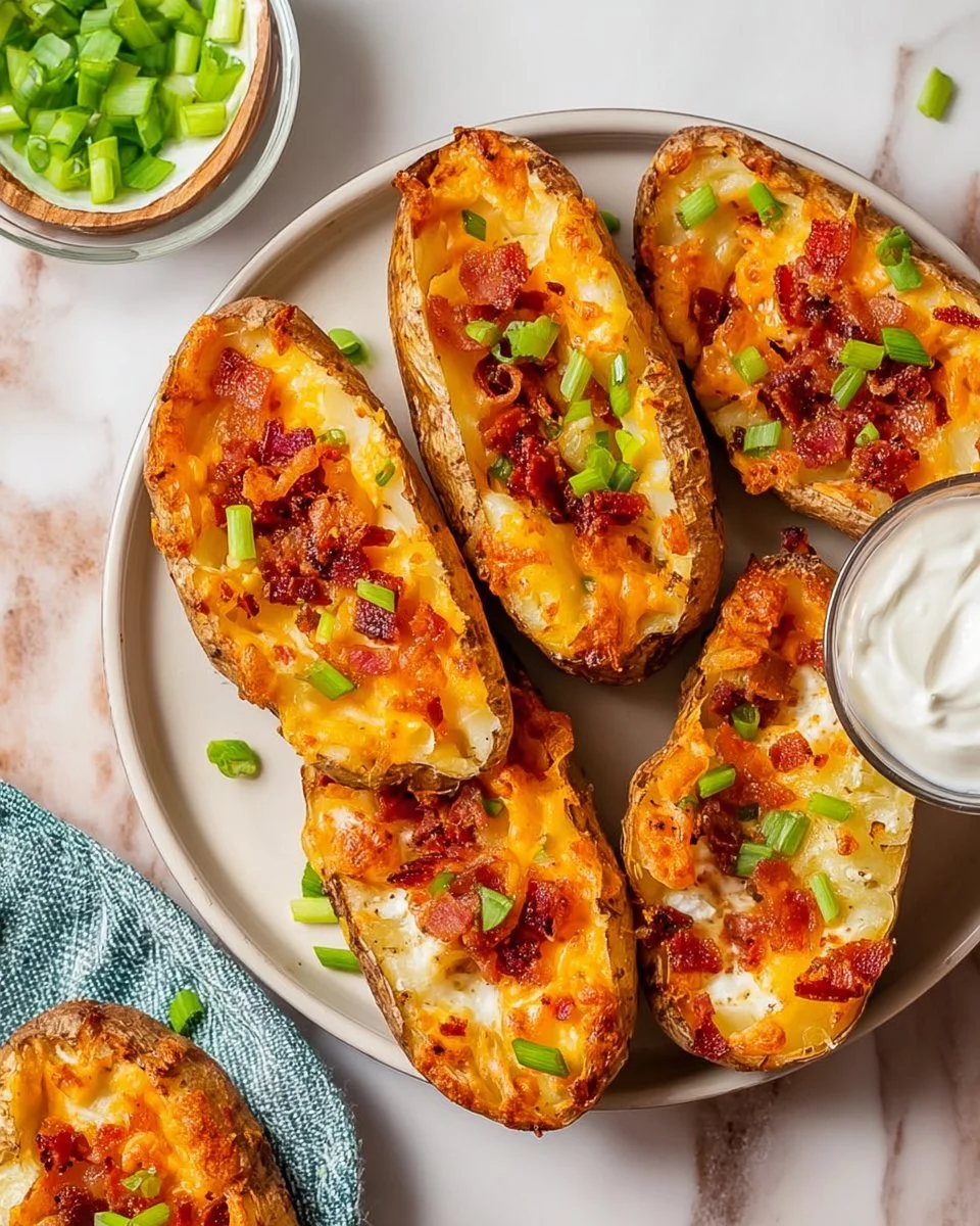 Crispy simple oven baked potato skins topped with cheese and chives
