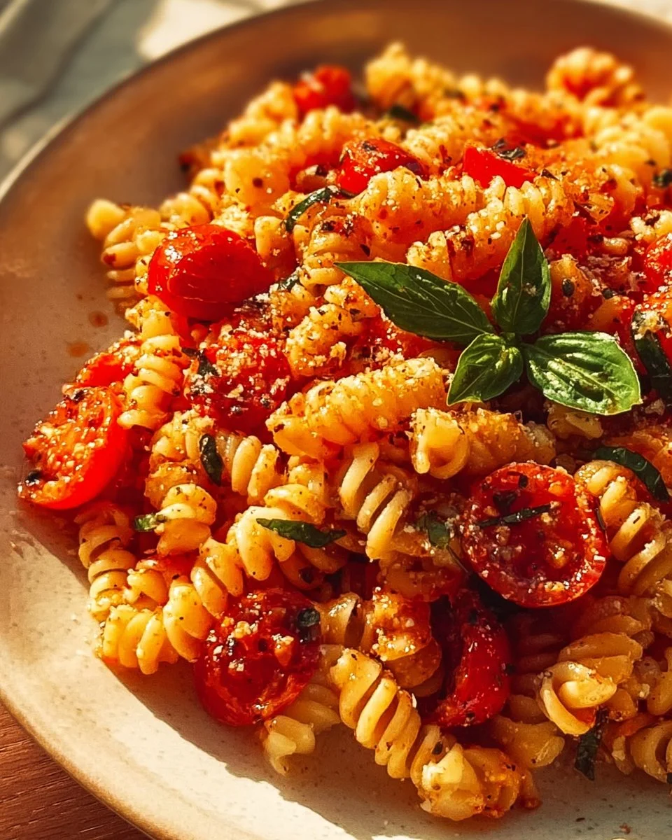 Simple and delicious tomato garlic pasta salad in a bowl.