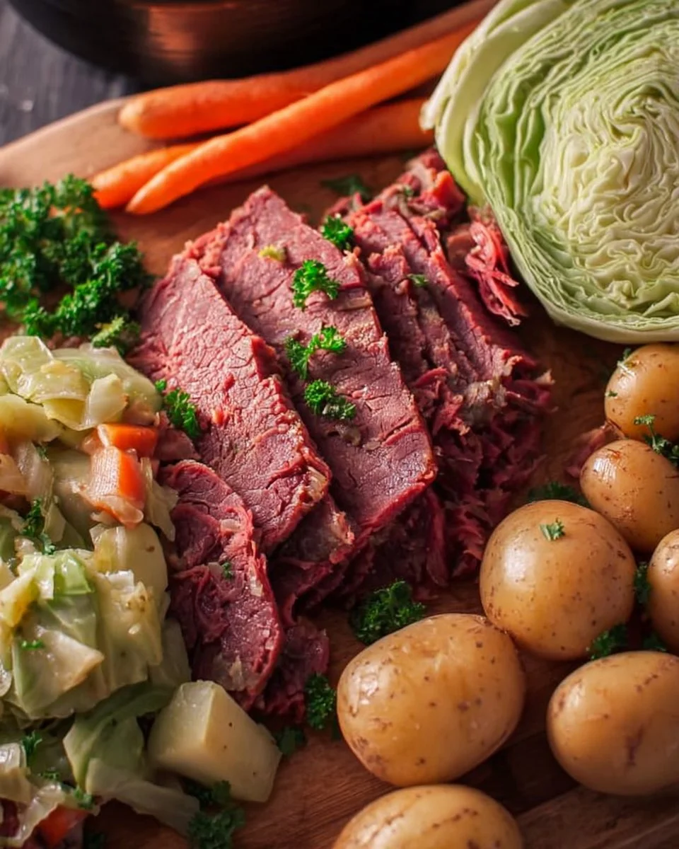 Delicious St. Patrick's Day corned beef and cabbage plated with herbs.