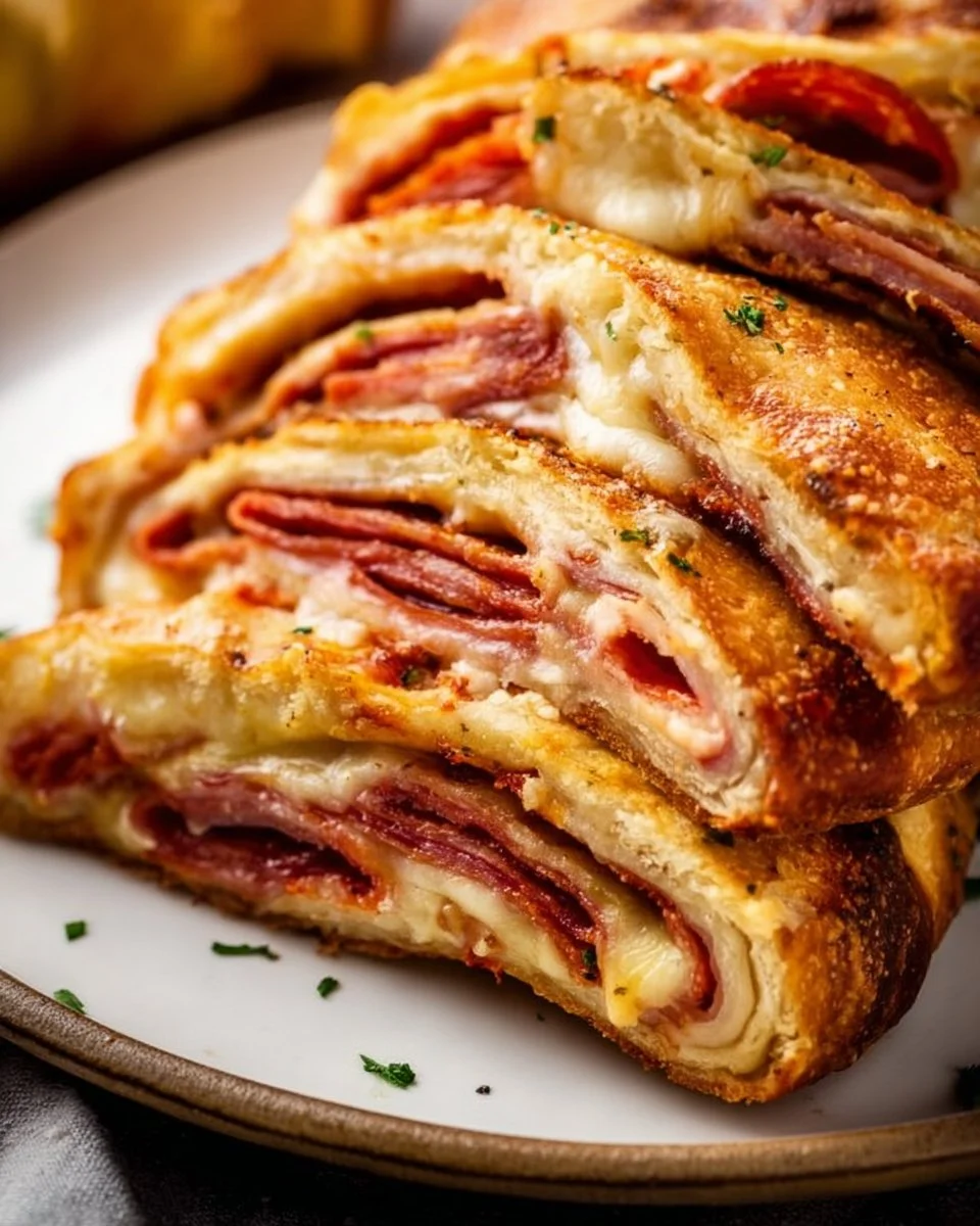 Classic Stromboli filled with meats and cheeses served hot on a plate.